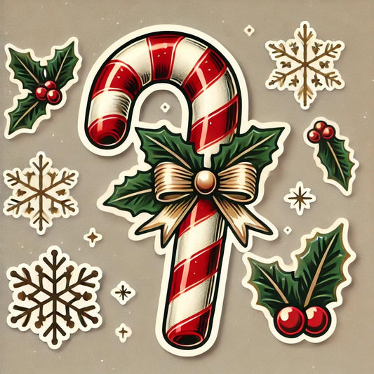 Vinyl sticker: Christmas Candy Cane Sticker for Laptop, Wall, Car, Window, Bumper – Vintage Candy Cane with Gold Ribbon and Holly – Waterproof and UV Resistant for Truck, Auto, Water Bottle, and More