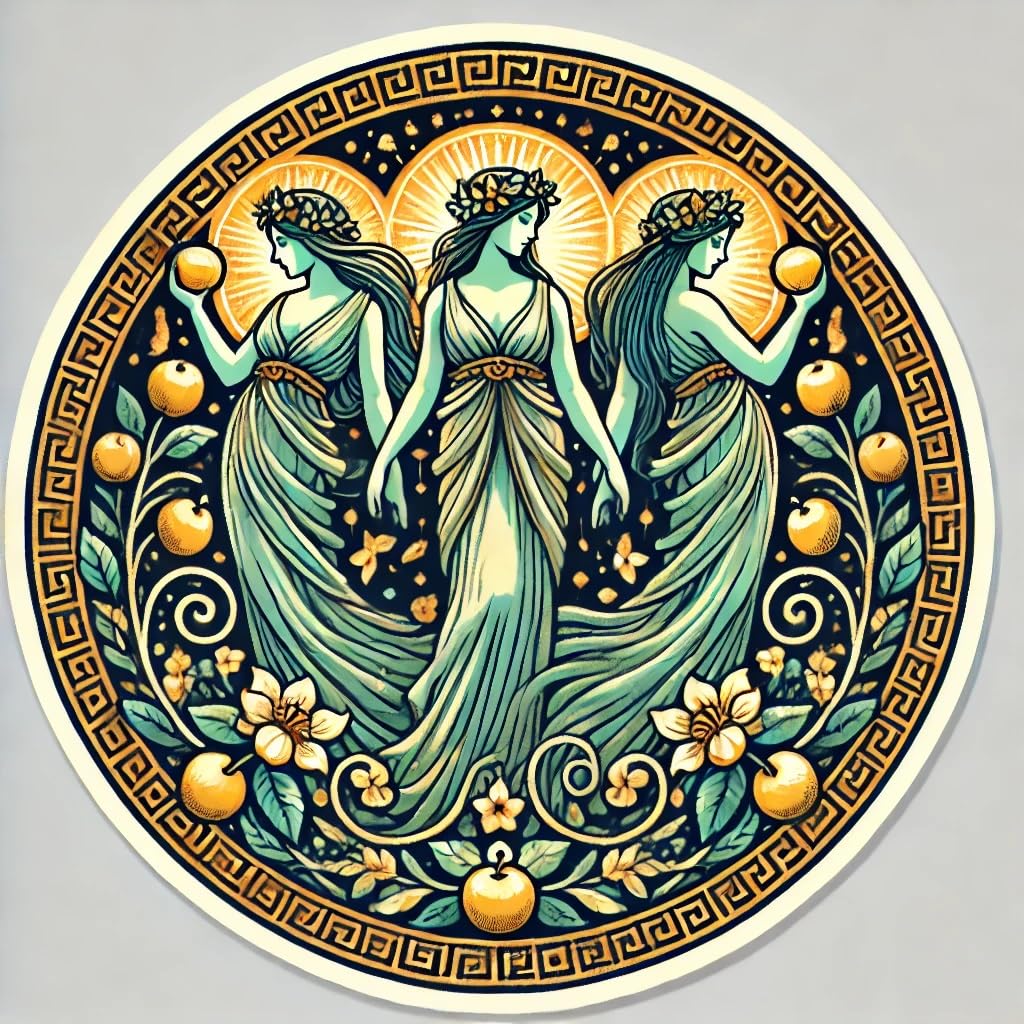 Vinyl sticker: Laptop Wall Car Window Bumper Sticker Decal - Hesperides with Flowing Garments and Golden Apples Waterproof Vinyl for Auto and Water Bottle