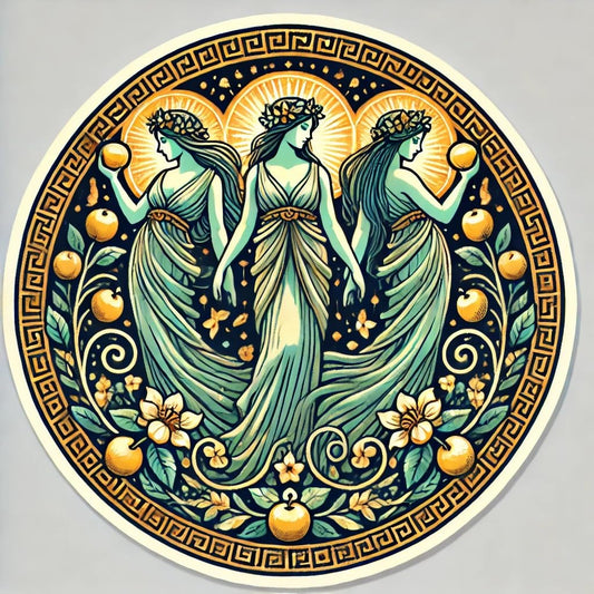 Vinyl sticker: Laptop Wall Car Window Bumper Sticker Decal - Hesperides with Flowing Garments and Golden Apples Waterproof Vinyl for Auto and Water Bottle