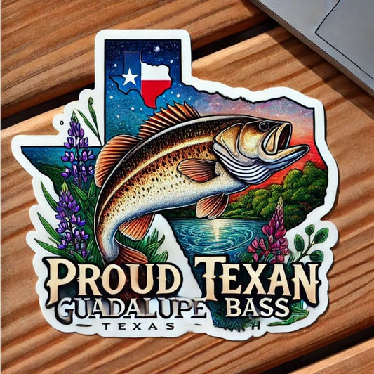 Vinyl sticker: Proud Texan Guadalupe Bass Sticker for Laptop, Wall, Car, Window, Bumper, Waterproof Decal for Truck and Water Bottle