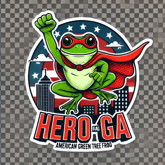 Vinyl sticker: Waterproof Laptop Car Window Wall Bumper Sticker Decal Truck Auto Water Bottle – Hero Frog GA American Green Tree Frog Flying in Cape Over Skyline Masked