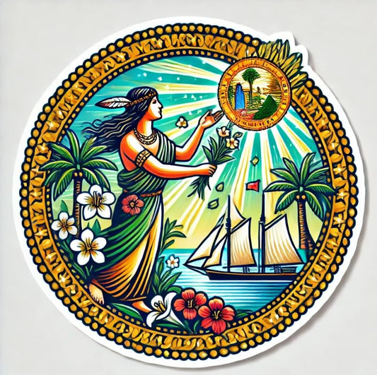 Vinyl sticker: Detailed Florida State Seal Sticker for Car, Laptop, Water Bottle, and Bumper – State Emblem Decal with Palm Trees and Sun Rays, Waterproof and Durable (4)