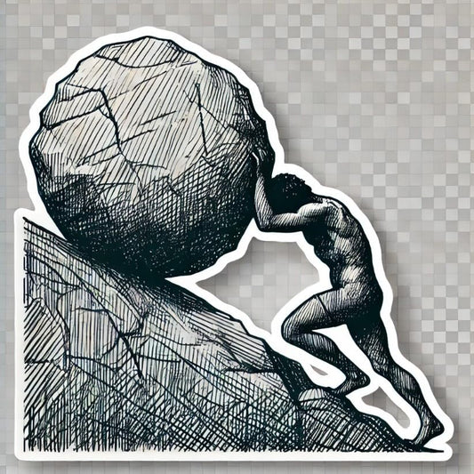 Vinyl sticker: Waterproof Lightly Sketched Sisyphus and Boulder Sticker for Laptop, Wall, Car, Window, Bumper, Truck, and Water Bottle Decal