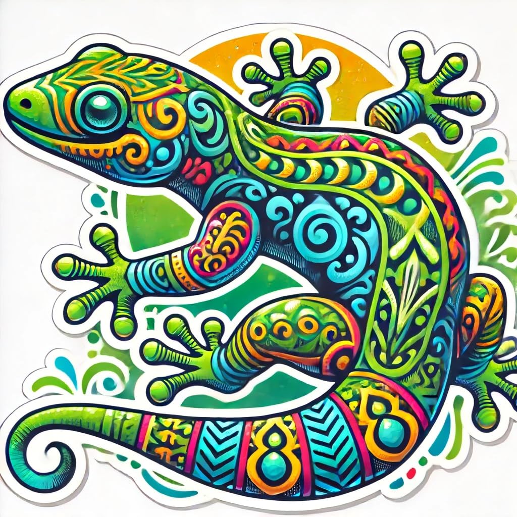 Vinyl sticker: Colorful Gecko with Intricate Patterns Sticker Decal for Laptop, Wall, Car, Window, Bumper, Truck, Waterproof Auto, Water Bottle