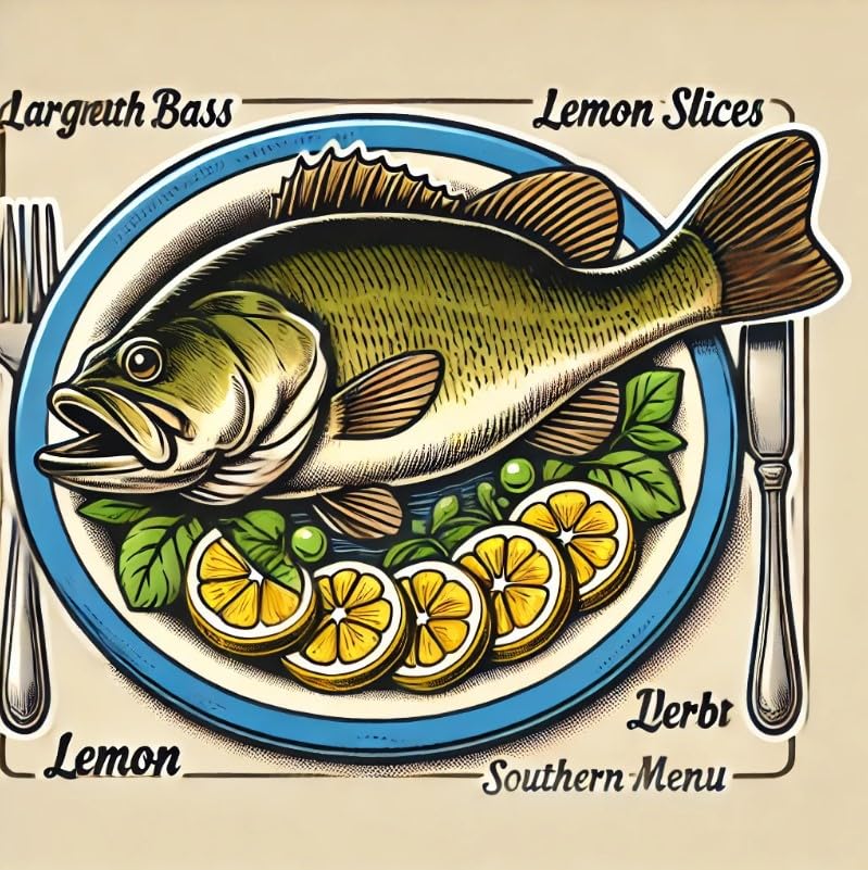 Vinyl sticker: Car Laptop Wall Window Bumper Sticker Waterproof Auto Water Bottle Decal Truck – Largemouth Bass on Plate with Lemons Georgia State Fish in Funny Southern Diner Style (6)