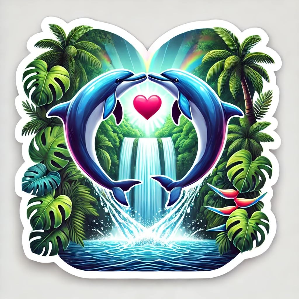 Vinyl sticker: Laptop Wall Car Window Bumper Sticker Decal Truck Waterproof Auto Water Bottle – Tropical Dolphins Forming Heart While Jumping Through Jungle Waterfall with Rainbow Mist and Exotic Leaves