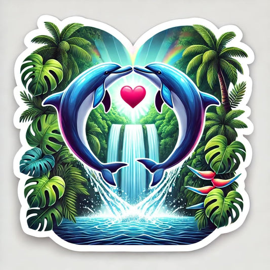Vinyl sticker: Laptop Wall Car Window Bumper Sticker Decal Truck Waterproof Auto Water Bottle – Tropical Dolphins Forming Heart While Jumping Through Jungle Waterfall with Rainbow Mist and Exotic Leaves