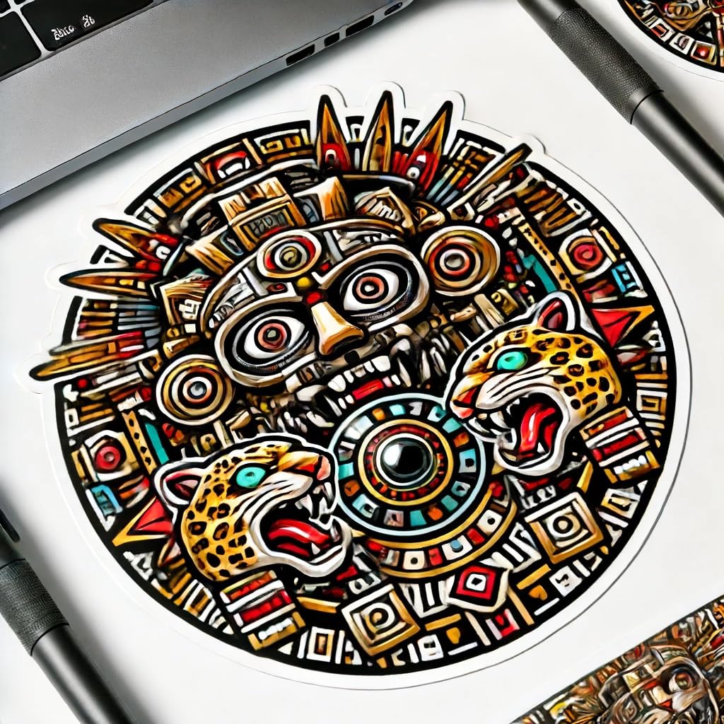 Vinyl sticker: Aztec Tezcatlipoca God Sticker - Bold Design with Obsidian Mirror and Jaguar Attributes for Laptop, Wall, Car, Window, Bumper, Waterproof Decal for Truck, Auto, Water Bottle.