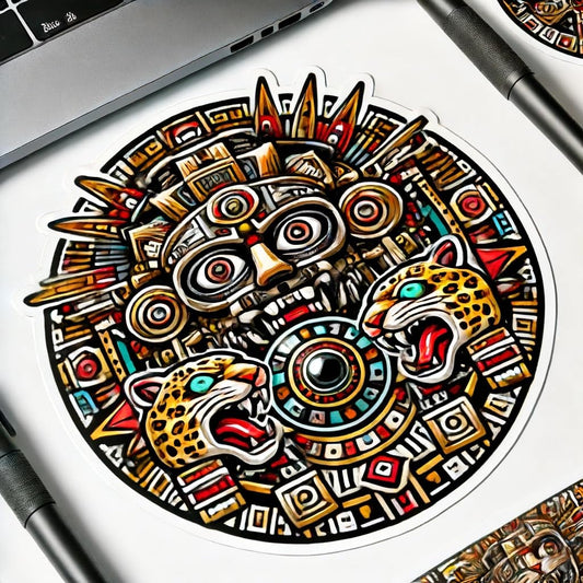 Vinyl sticker: Aztec Tezcatlipoca God Sticker - Bold Design with Obsidian Mirror and Jaguar Attributes for Laptop, Wall, Car, Window, Bumper, Waterproof Decal for Truck, Auto, Water Bottle.