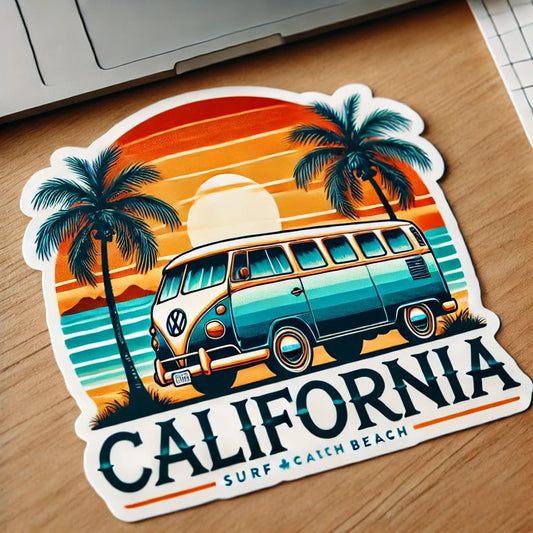 Vinyl sticker: Vintage VW Bus California Beach Sticker for Laptop, Wall, Car, Window, Bumper, Waterproof, Truck, Auto, Water Bottle