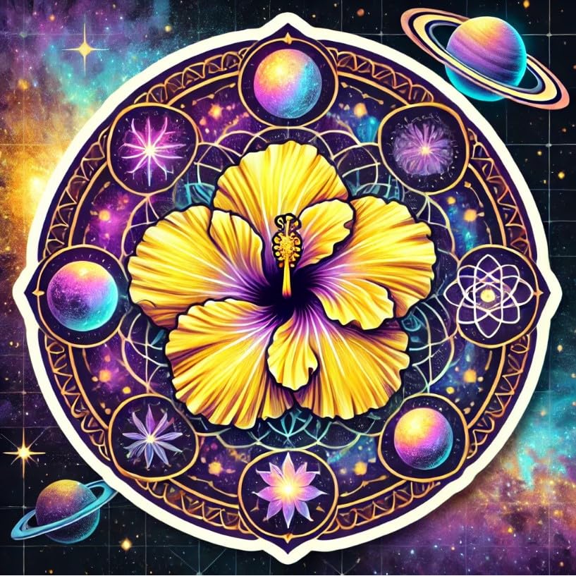 Vinyl sticker: Laptop Wall Car Window Bumper Sticker Decal Truck Waterproof Auto Water Bottle – Cosmic Mandala Hibiscus Brackenridgei with Galaxy Rings and Star Energy Design