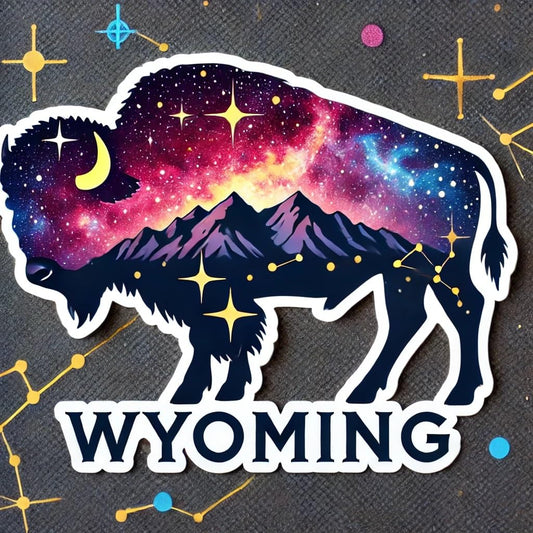 Vinyl sticker: Galaxy Bison Window Laptop Car Wall Waterproof Sticker – Starry Buffalo with Cosmic Pattern and Wyoming Constellation Mountains with Flag Cluster for Auto Truck Bottle Bumper