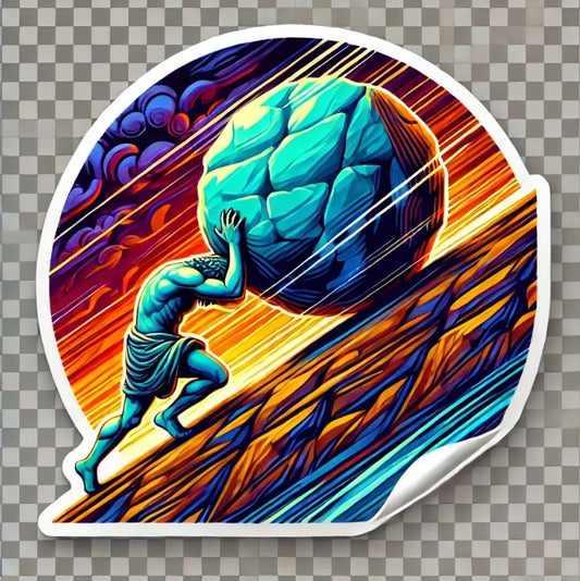 Vinyl sticker: Waterproof Cinematic Sisyphus and Boulder Sticker for Laptop, Wall, Car, Window, Bumper, Truck, and Water Bottle Decal