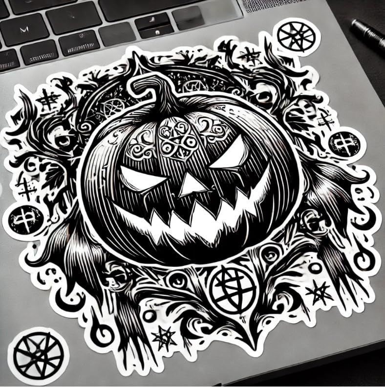 Vinyl sticker: Ornate Gothic Halloween Pumpkin Sticker for Laptop, Wall, Car, Window, Bumper, Waterproof Decal with Dark Grin, Gothic Patterns, and White Background (4)