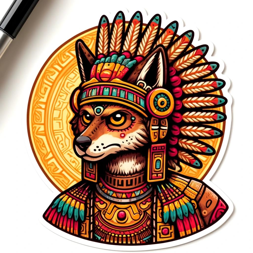 Vinyl sticker: Aztec God Huehuecoyotl Sticker - Vibrant Human Form Trickster God Decal for Laptop, Wall, Car, Window, Bumper, Water Bottle, and More