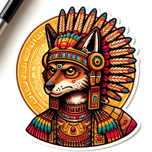 Vinyl sticker: Aztec God Huehuecoyotl Sticker - Vibrant Human Form Trickster God Decal for Laptop, Wall, Car, Window, Bumper, Water Bottle, and More