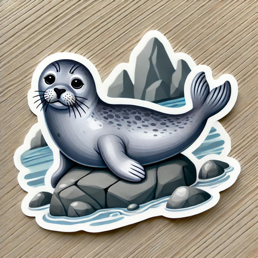 Vinyl sticker: Waterproof Harbor Seal Sticker Decal for Laptop, Wall, Car, Window, Bumper, Truck, Water Bottle, Auto - Cute Ocean Wildlife on Rocky Shore