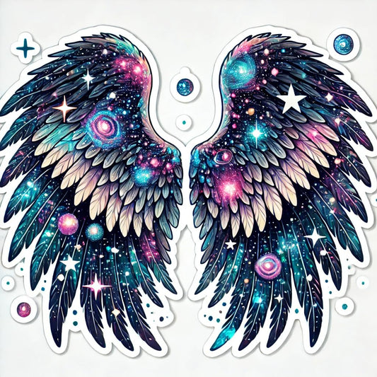 Vinyl sticker: Laptop Wall Car Window Bumper Sticker Decal Truck Waterproof Auto Water Bottle – Celestial Angel Wings with Stars and Galaxies Design