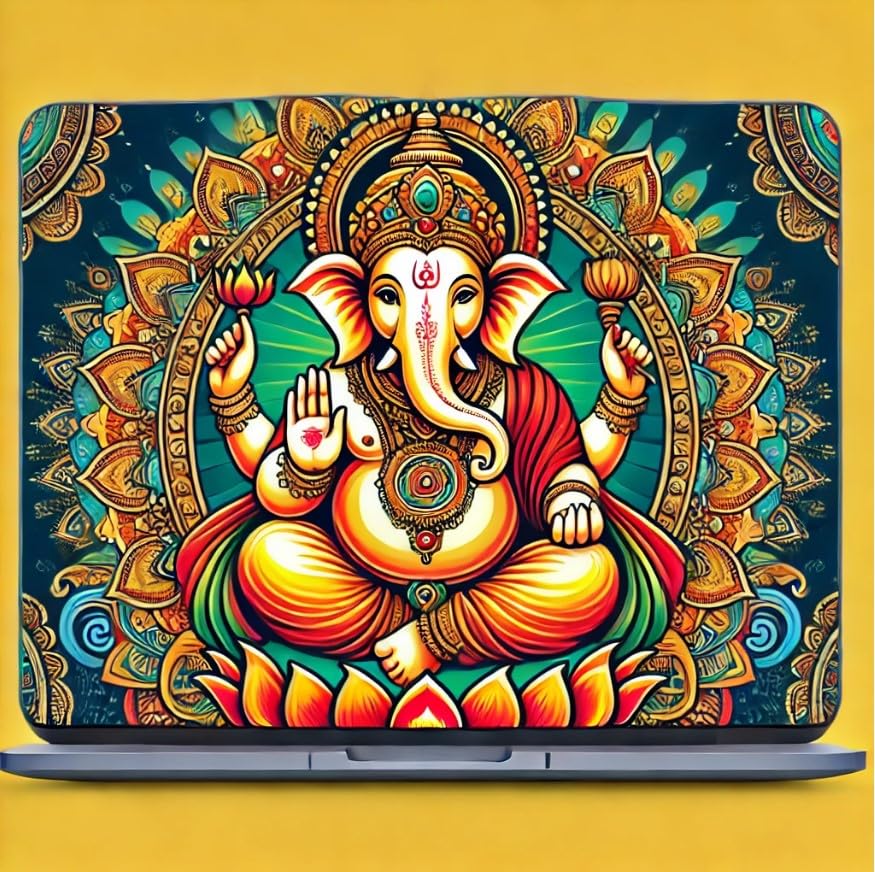 Vinyl sticker: Beautiful Ganesha Blessing Laptop, Car, Water Bottle, Window Sticker - Symbols of Prosperity and Good Luck - Vibrant Gold, Red, and Green Waterproof Decal for Bumpers and Auto