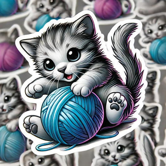 Vinyl sticker: Playful Kitten Sticker - Vibrant Vinyl Decal for Laptop, Wall, Car, Window, Bumper, Truck, Water Bottle - Kitten with Ball of Yarn Design