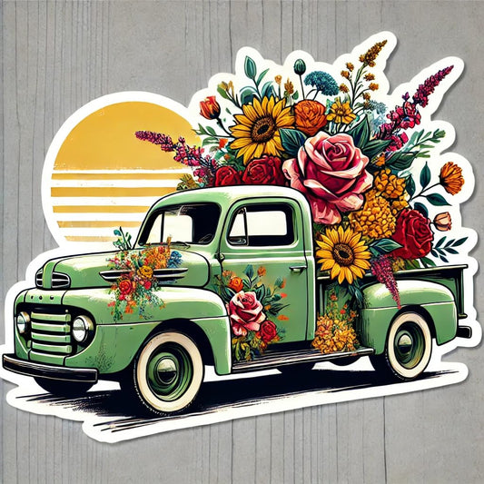 Vinyl sticker: Floral Truck Art Sticker Decal - Sage Green Vintage Design with Bright Flowers for Laptop, Wall, Car, Window, Bumper, Truck - Waterproof, Durable Auto, and Water Bottle Decoration