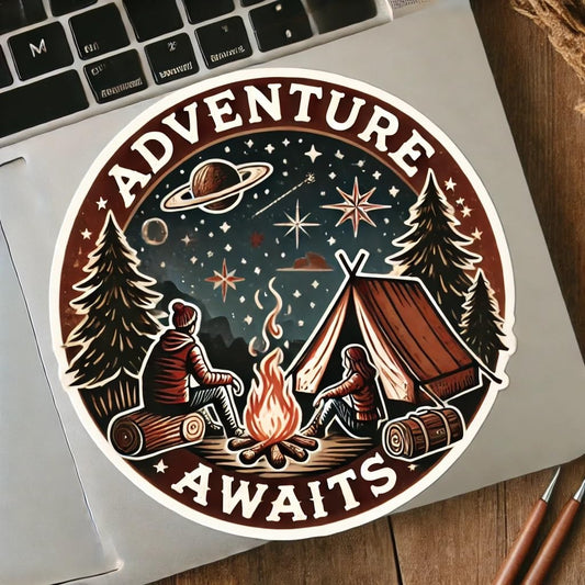 Vinyl sticker: Adventure Awaits Sticker for Laptop, Car, Wall, Window, and Water Bottle – Cozy Camping-Themed Adventure Friends Decal