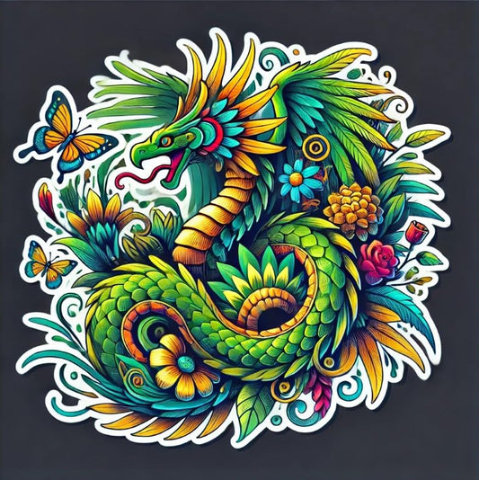 Vinyl sticker: Aztec Quetzalcoatl Nature Vinyl Decal - Feathered Serpent with Flowers and Butterflies - Lively Sticker for Wall, Car, Window, Bumper, Laptops
