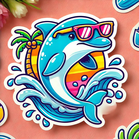 Vinyl sticker: Laptop Wall Car Window Bumper Sticker Decal Truck Waterproof Auto Water Bottle – Tropical Cartoon Dolphin with Sunglasses Splashing in Summer Wave Design (4)