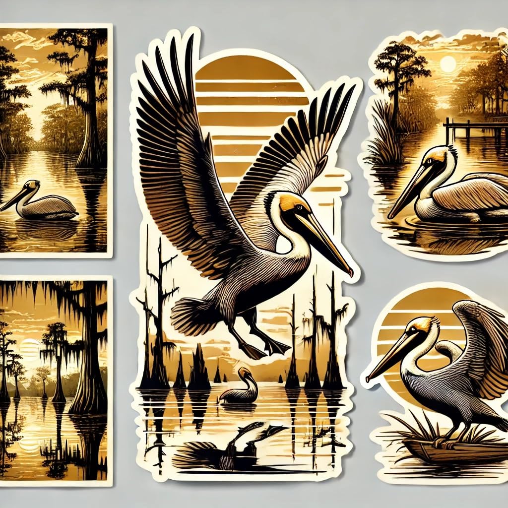 Vinyl sticker: Perched American Pelican Waterproof Sticker for Laptop, Wall, Car, Window, Bumper, Decal, Truck, Auto, Water Bottle – Louisiana Bayou Bird on Dock