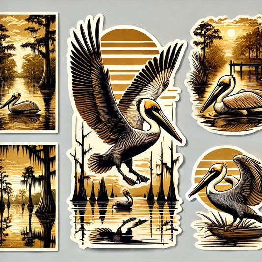Vinyl sticker: Perched American Pelican Waterproof Sticker for Laptop, Wall, Car, Window, Bumper, Decal, Truck, Auto, Water Bottle – Louisiana Bayou Bird on Dock