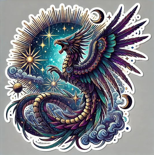 Vinyl sticker: Aztec Quetzalcoatl Celestial Vinyl Decal - Feathered Serpent Soaring Through The Sky - Mystical Sticker for Wall, Car, Window, Bumper, Laptops