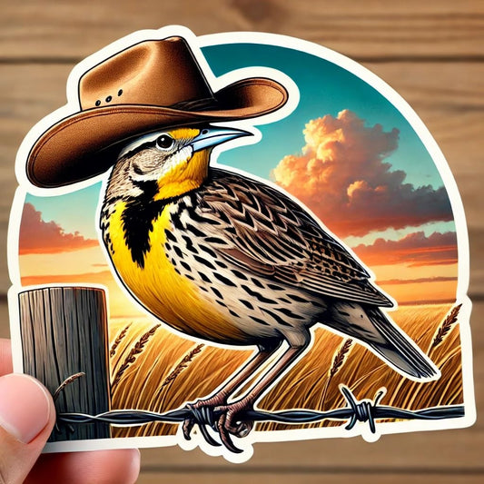 Vinyl sticker: Western Meadowlark Close-Up on Cowboy Hat Vinyl Sticker for Laptop, Wall, Car, Window, Bumper, Decal, Truck, Auto, Water Bottle – Wyoming Sunset Fence Art