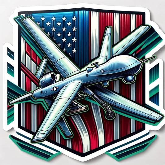 Vinyl sticker: Military Drone in Action Decal Sticker for Car, Laptop, Wall, Window, Bumper, Truck, Waterproof Auto, Water Bottle. Drone in Action with The American Flag and Thin Green line Elements.