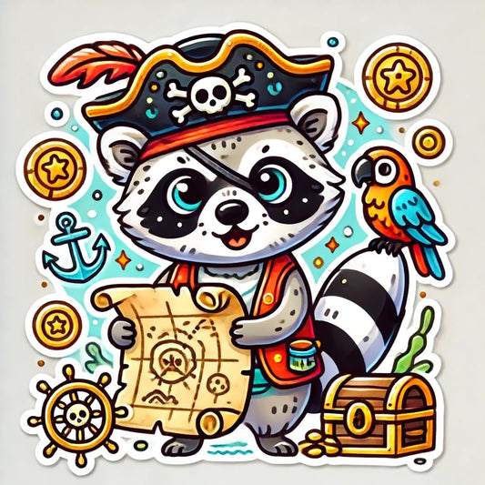 Vinyl sticker: Playful Raccoon Pirate with Treasure Map Sticker Decal for Laptop, Wall, Car, Window, Bumper, Truck, Waterproof Auto, Water Bottle
