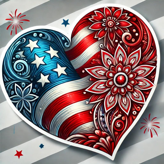 Vinyl sticker: 4th of July Heart Sticker for Laptop, Wall, Car, Window, Bumper, Water Bottle - Patriotic Decal with Mandala Center - Waterproof and Durable