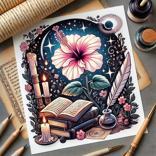 Vinyl sticker: Waterproof Laptop Car Window Bumper Wall Sticker Decal - Fantasy Hibiscus brackenridgei with Scrolls, Candlelight, and Magical Book Illustration Style