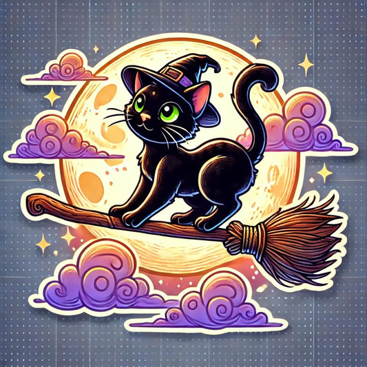 Vinyl sticker: Cute Black Cat with Witch's Broom Halloween Sticker – Waterproof Vinyl Decal for Car, Laptop, Window, Bumper, and Water Bottle – Durable Design for Truck or Auto