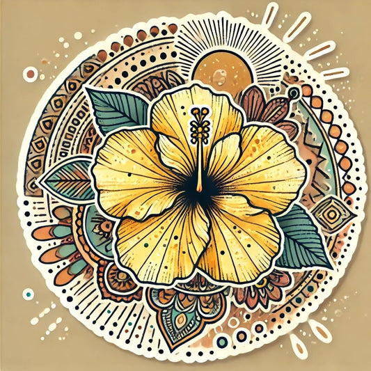 Vinyl sticker: Waterproof Bumper Laptop Car Window Sticker Decal - Boho Hibiscus brackenridgei Mandala Style with Sunbeam and Earthy Terracotta Tones