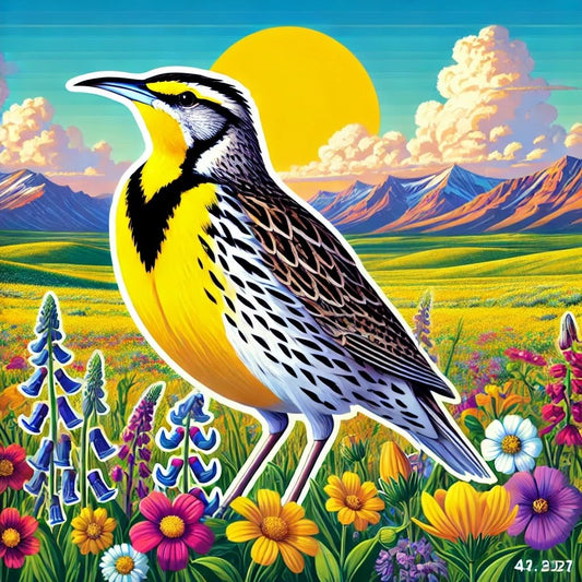 Vinyl sticker: Western Meadowlark in Blooming Prairie Sticker for Laptop, Wall, Car, Window, Bumper, Decal, Truck, Auto, Water Bottle – Wyoming State Bird Wildflower Field Scene (6)