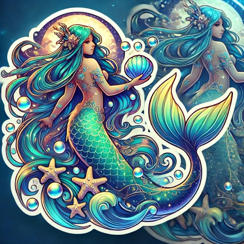 Vinyl sticker: Mystical Mermaid Laptop Wall Car Window Bumper Sticker Decal - Teal Gold Scales, Magical Seashell, Twilight Ocean, Waterproof, Auto, Water Bottle Decor