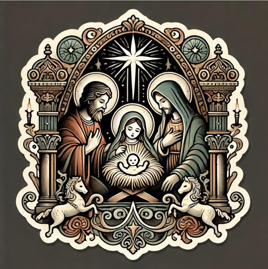 Vinyl sticker: Vintage Nativity Scene with Victorian Frame, Laptop and Car Decal