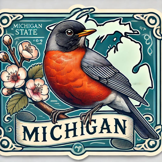 Vinyl sticker: Waterproof Window Car Bumper Sticker of American Robin on Blossom Branch Decal for Laptop Wall Truck Auto Water Bottle Michigan Emblem Bird Design