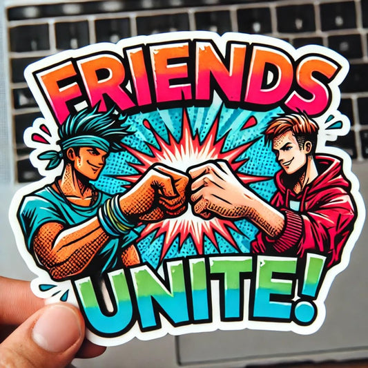 Vinyl sticker: Friends Unite Sticker for Laptop, Car, Wall, Window, and Water Bottle – Bold Graffiti-Style Friendship Day Decal