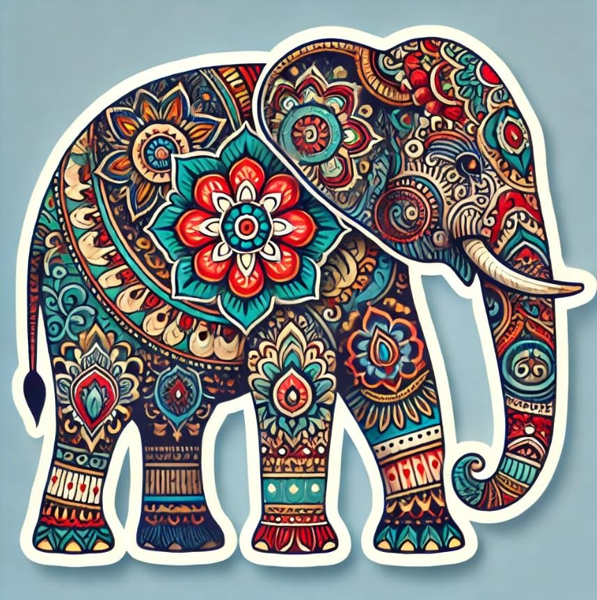 Vinyl sticker: Mandala Jewel Elephant Sticker for Laptop, Wall, Car Window, Bumper, Waterproof Truck Decal, Auto Water Bottle Decor