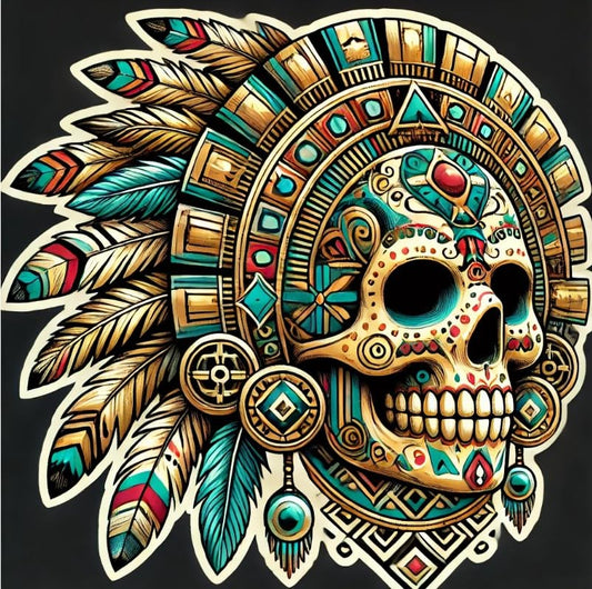 Vinyl sticker: Aztec Tribal Skull Sticker for Laptop, Wall, Car, Window, Bumper, Decal, Truck, Waterproof, Auto, Water Bottle – Feathered Headdress and Sacred Symbols (6)