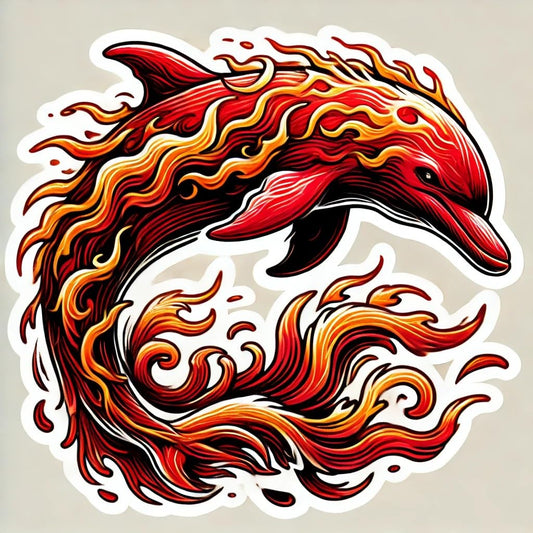 Vinyl sticker: Laptop Wall Car Window Bumper Sticker Decal Truck Waterproof Auto Water Bottle – Fiery Flame Dolphin Leaping Through Burning Waves in Bold Red and Orange Fantasy Design