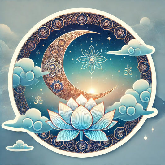 Vinyl sticker: Buddhist Crescent Moon Sticker Decal for Car, Laptop, Wall, Window, Bumper, Waterproof Vinyl Decoration with Lotus Petals and Sacred Patterns for Spiritual and Mindfulness Decor