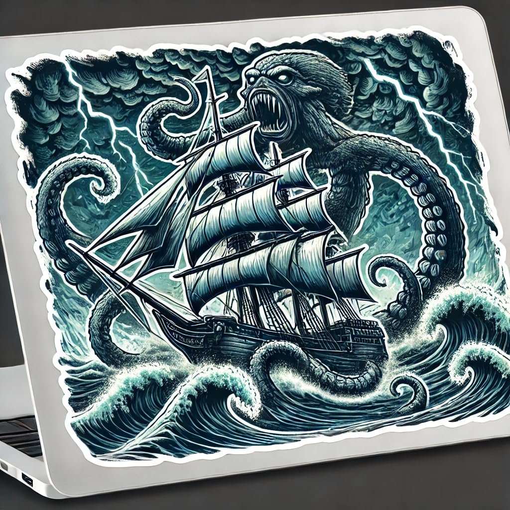 Vinyl sticker: Ancient Ship vs Kraken Battle Sticker - Waterproof Vinyl Decal for Laptop, Car, Wall, Window, Bumper, Truck, and Water Bottle