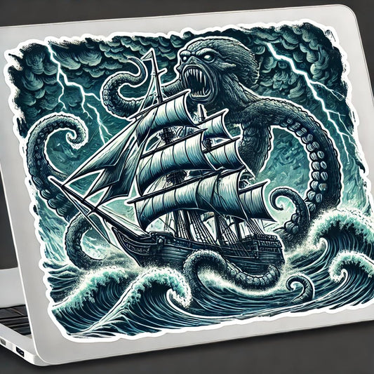 Vinyl sticker: Ancient Ship vs Kraken Battle Sticker - Waterproof Vinyl Decal for Laptop, Car, Wall, Window, Bumper, Truck, and Water Bottle