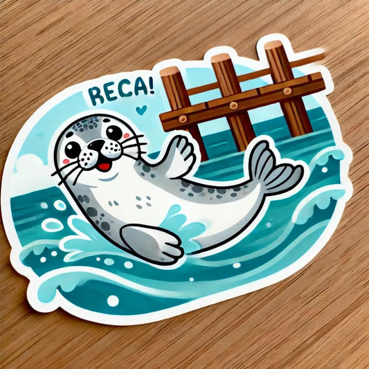 Vinyl sticker: Waterproof Harbor Seal Sticker Decal for Laptop, Wall, Car, Window, Bumper, Truck, Water Bottle, Auto – Playful Seal Swimming Near Pier